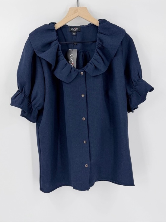 Gigio Tops - NWT GiGiO Navy Ruffle Collar Puff Sleeve Blouse Top Women’s L Cottagecore